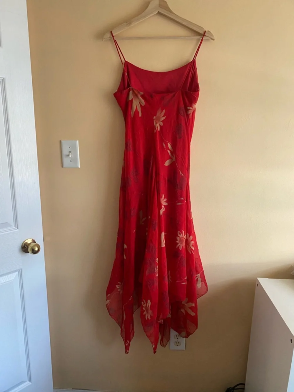 Y2K Oblique Red Floral Slip Dress Woman Small Asymmetrical Hem Spaghetti Strap - Picture 3 of 13